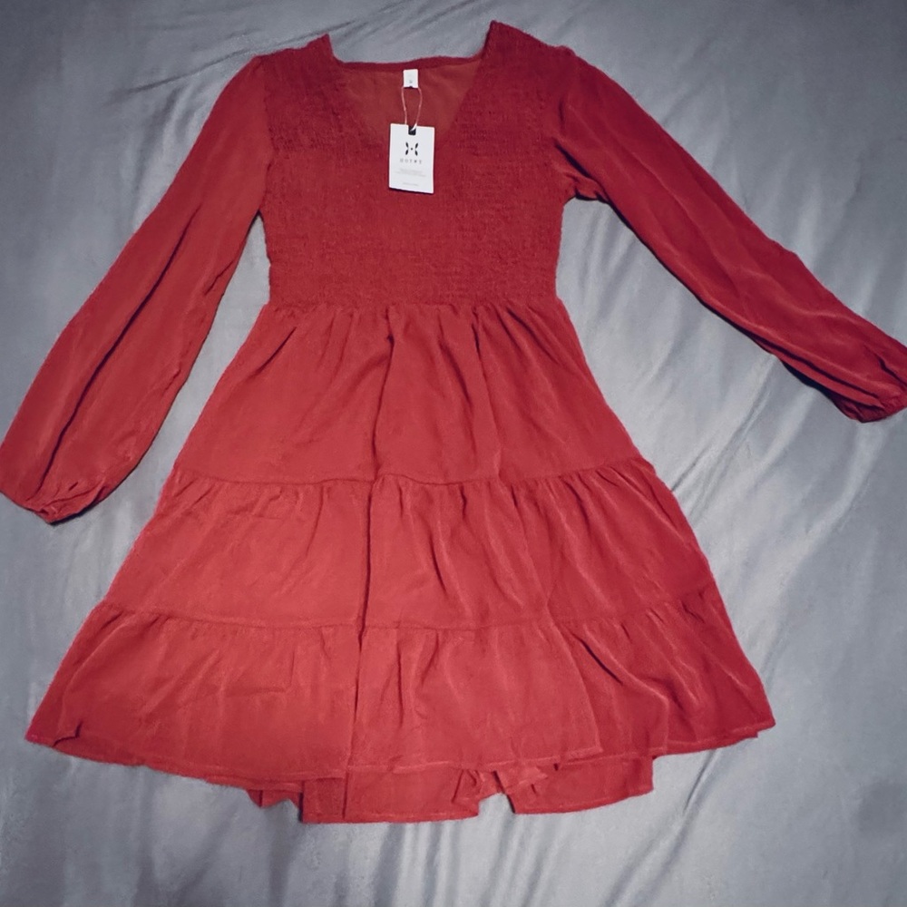 Red Orange Bishop Sleeve Sundress  New